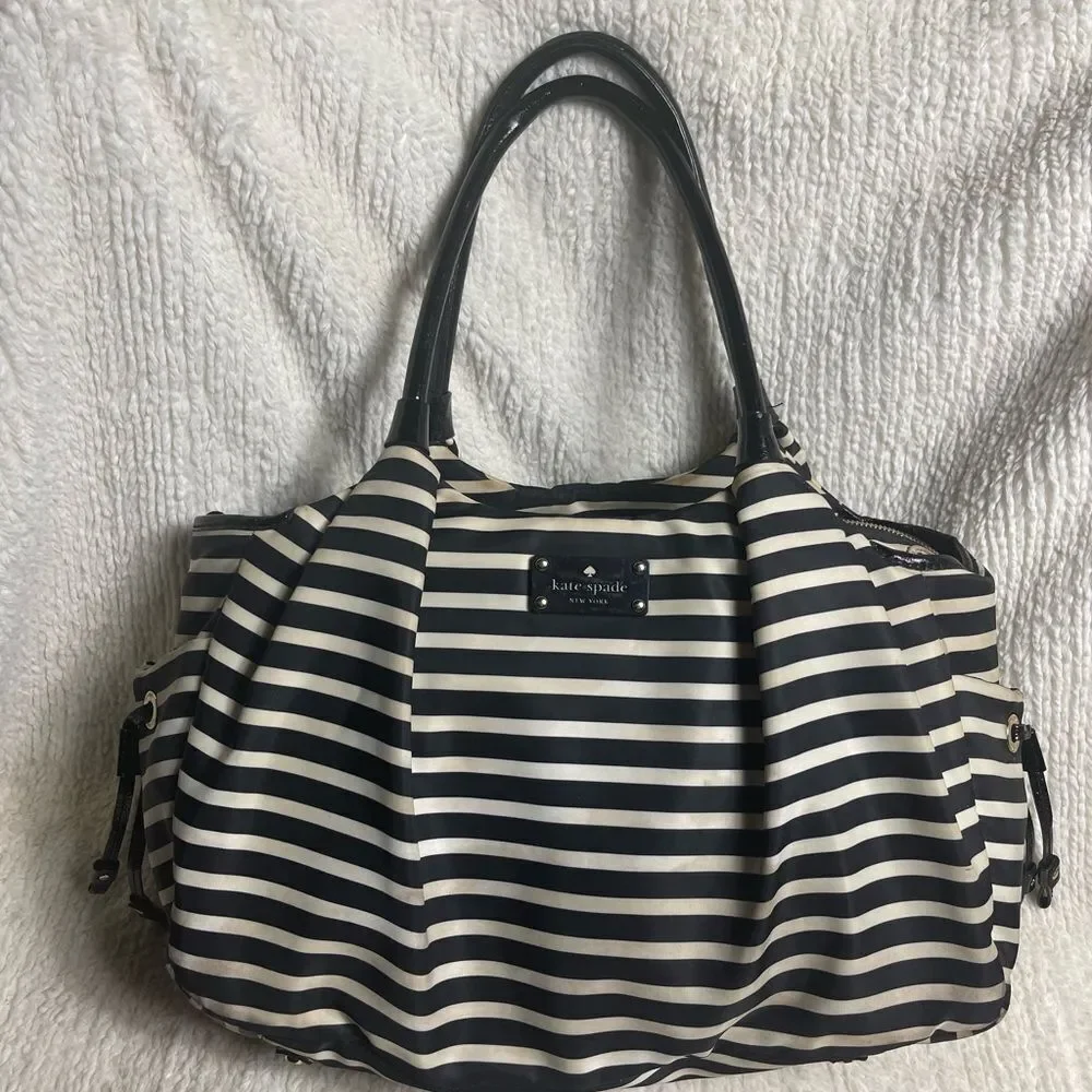 Kate Spafe large black & white striped Nylon diaper bag/travel bag